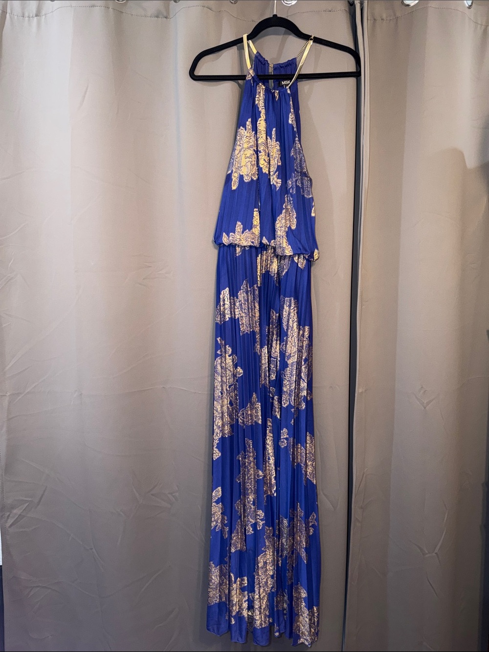 MSK Blue and Gold Metallic Halter Pleated Maxi Dress Gown Size 16